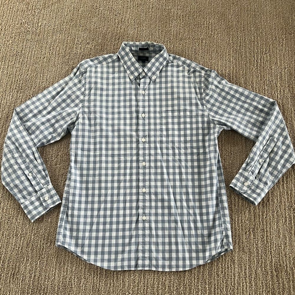 J. Crew Mens Blue and White Checkered Button Down Shirt
